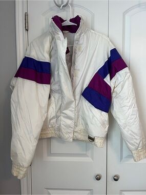 White Ski Jacket with Purple and Blue Stripe Accents - Women's Snow Jacket
